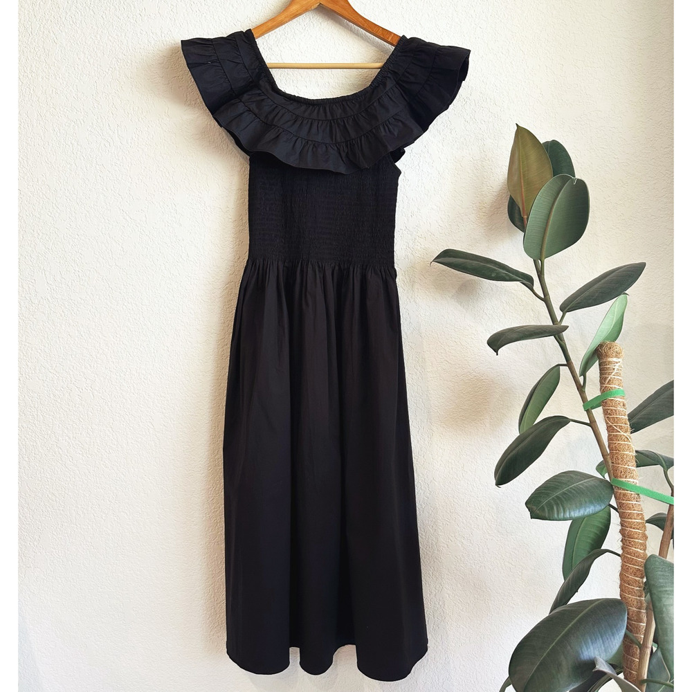 Hill House Akilah Nap Midi Dress XS Black Cottage Regencycore Smocked Ruffle - Picture 2 of 9
